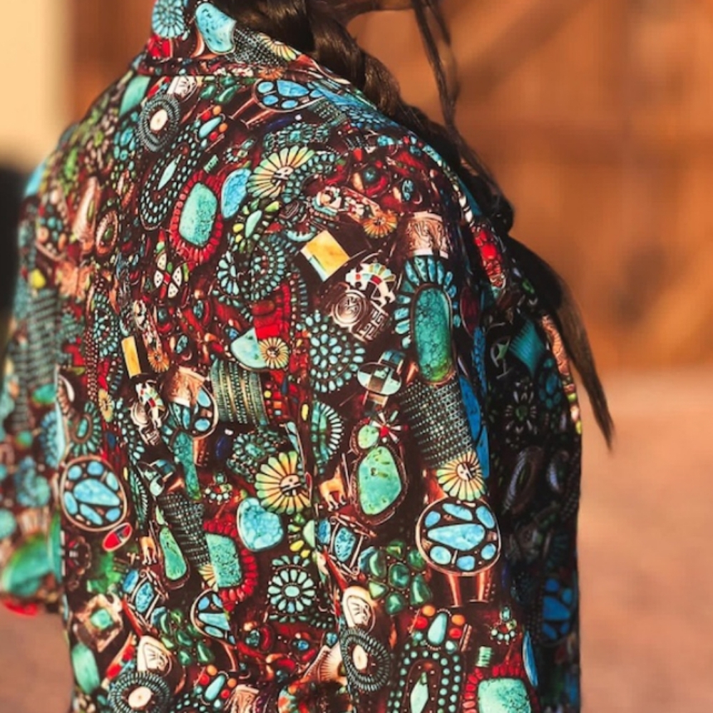 Turquoise Stone Jewelry Printed Blazer